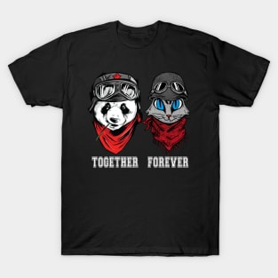 Cute Panda and cat couple in helmet and goggles with the words together forever. T-Shirt